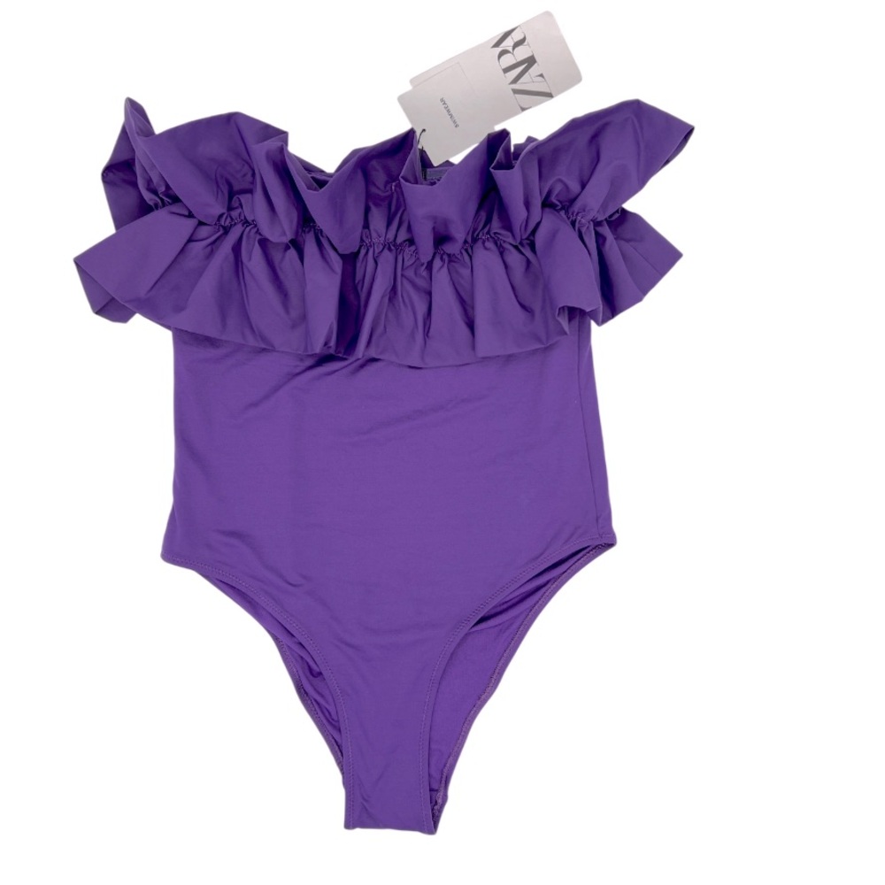 ZARA One Piece Purple Ruffled Strapless Swimsuit S NWT